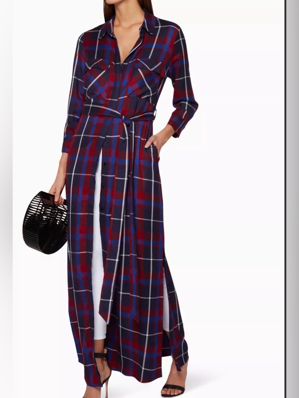 L'AGENCE Cameron Plaid Maxi Shirt Dress Women's Small Blue Belted Button Preppy
